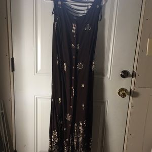R & K Originals sleeveless brown button front maxi dress tribal design size 14
